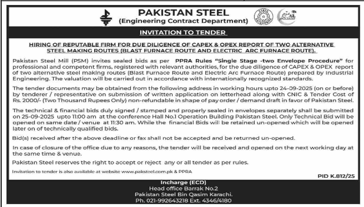 Pakistan Steel Karachi Tender Notice